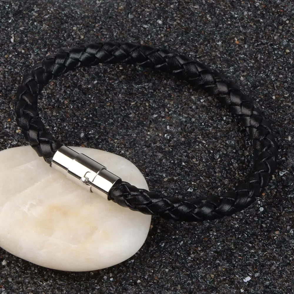 Tickhaus®  Braided Leather Bracelet with Stainless Steel Clasp