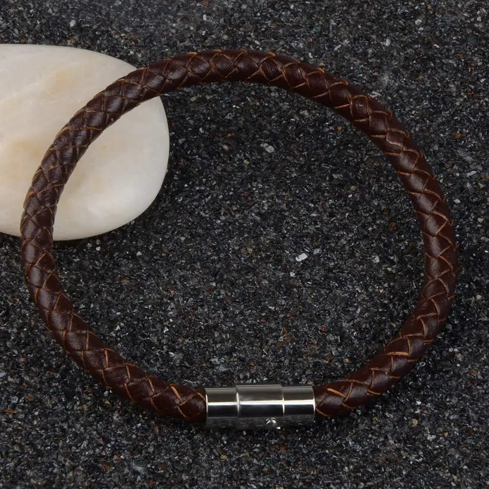 Tickhaus®  Braided Leather Bracelet with Stainless Steel Clasp
