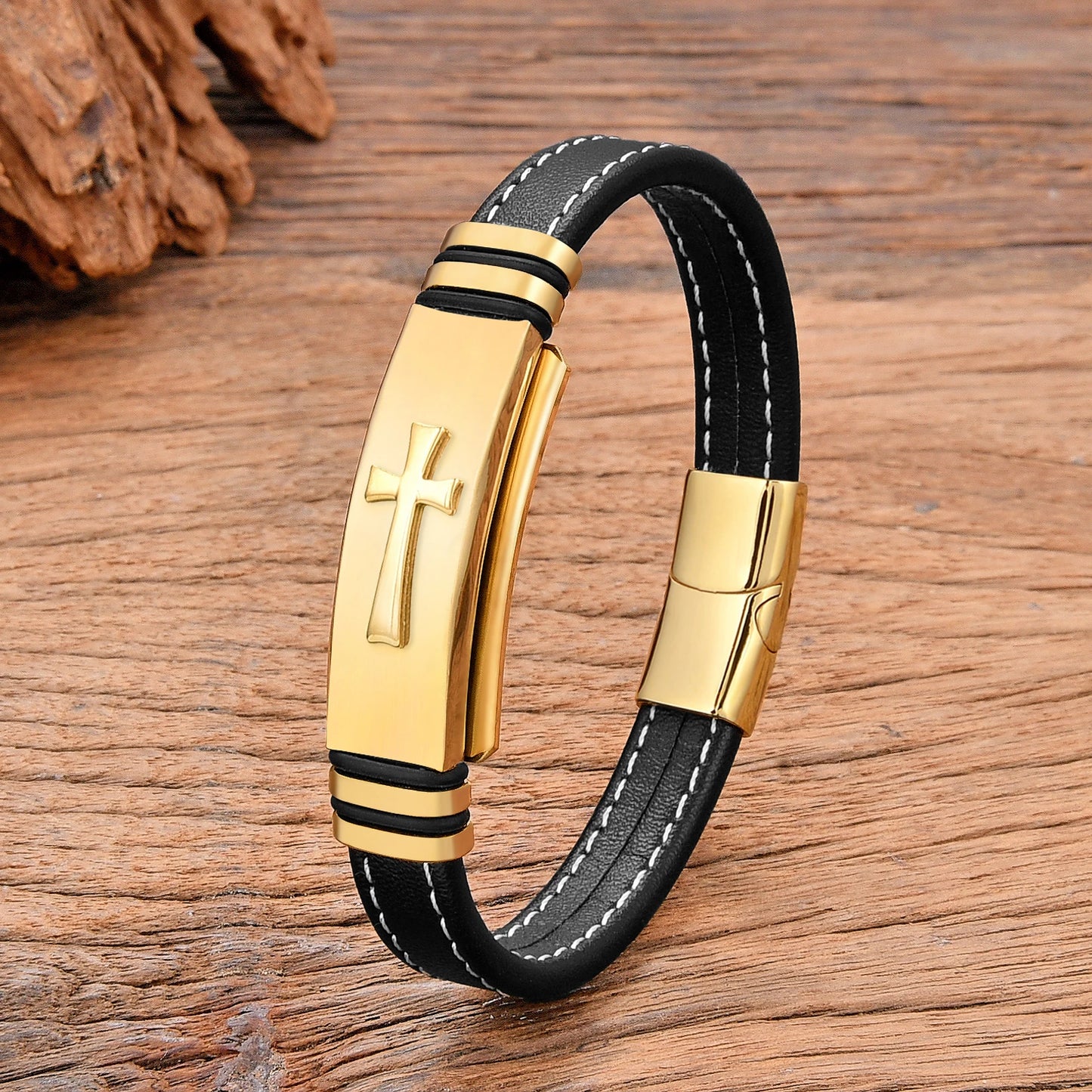 Tickhaus®  Woven Leather Bracelet with Gold Cross Detail