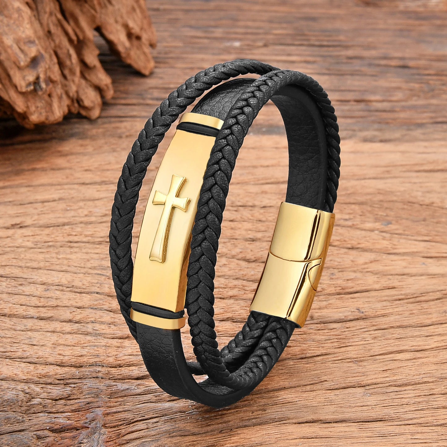Tickhaus®  Woven Leather Bracelet with Gold Cross Detail