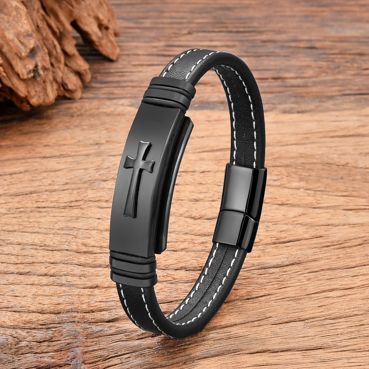 Tickhaus®  Woven Leather Bracelet with Gold Cross Detail